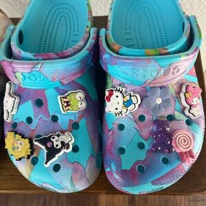 Colorful Blue & Purple Tie-Dye Crocs with Jibbitz Charms W6